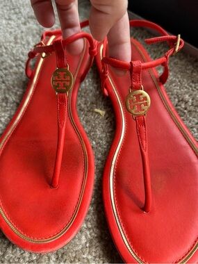 Tory Burch Bright Red Leather Logo T-Strap Sandals